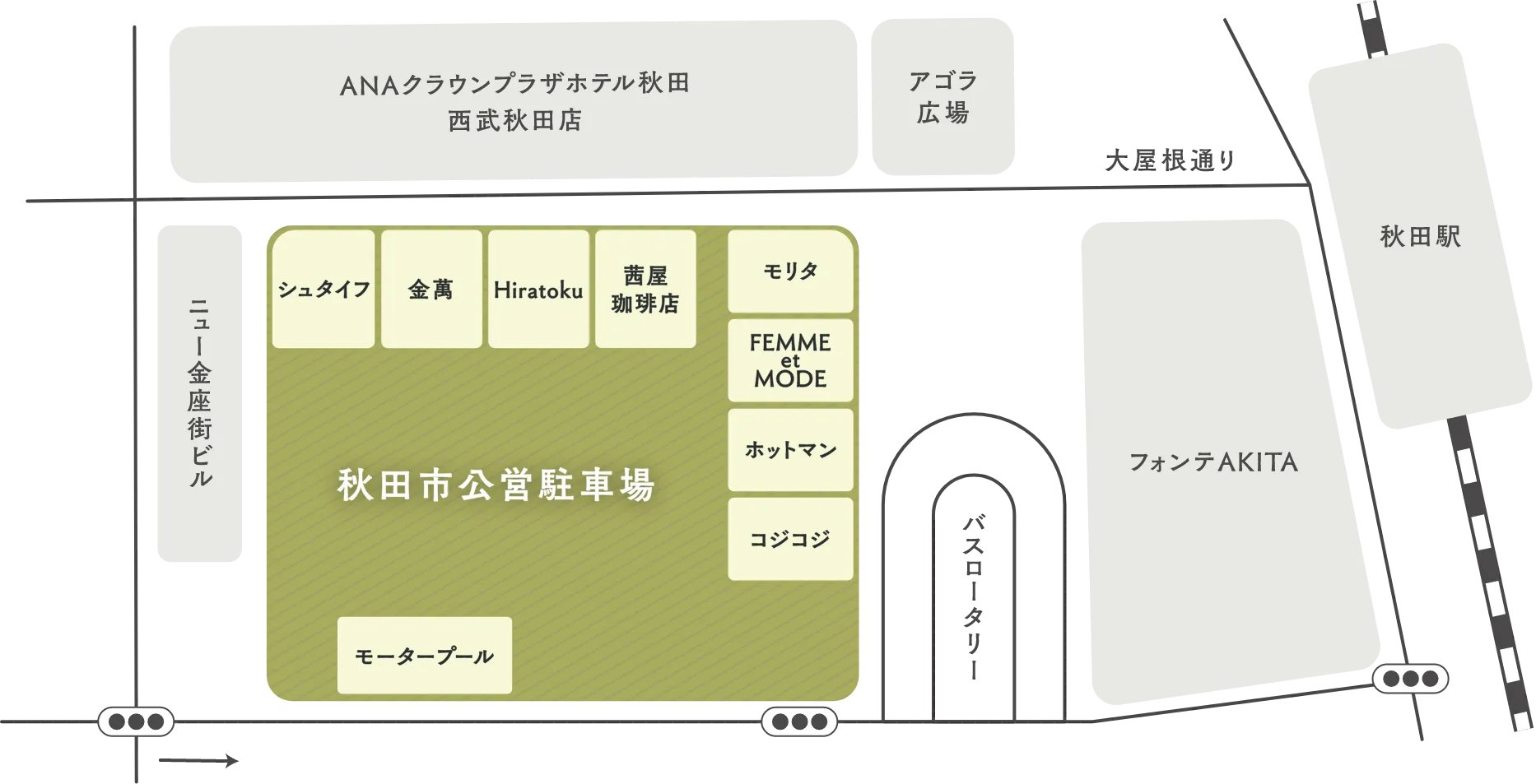 1Fの周辺マップ。秋田市公営駐車場を中心に様々なショップや施設、秋田駅があります。